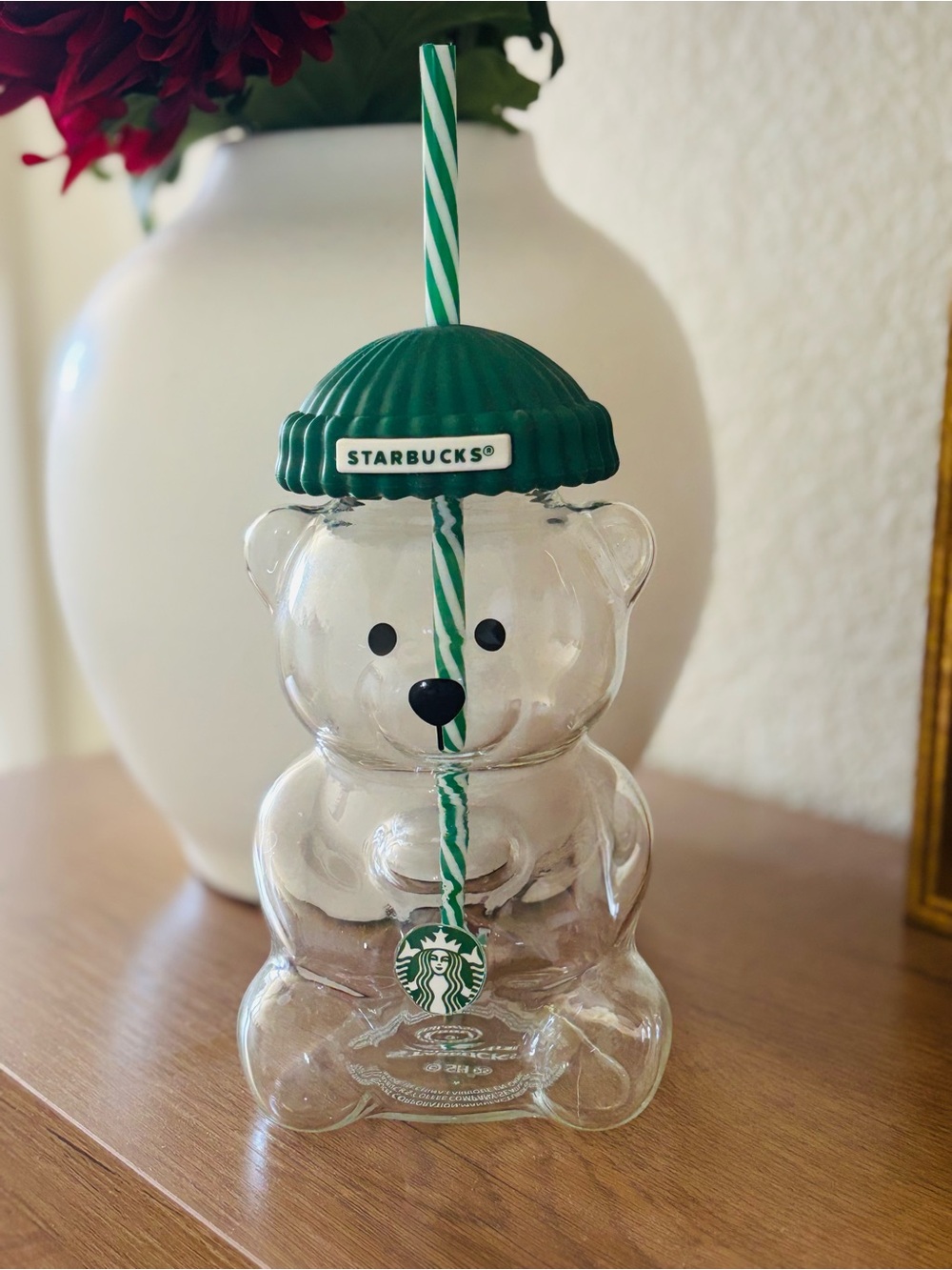 Starbucks Clear Bearista Tumbler with Green Beanie and Striped Straw, NWT.